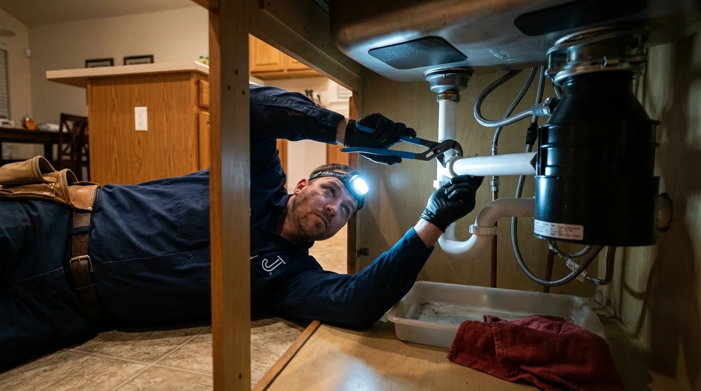 P-trap and supply line connections under a kitchen sink showing a common leak point in Portland, TX